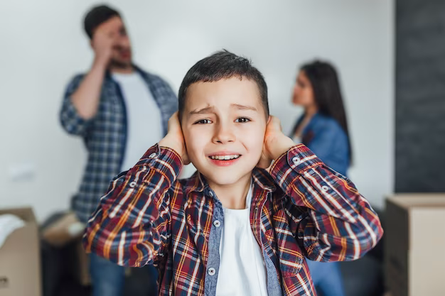 A boy covers his ears in front of his parents who are quarreling